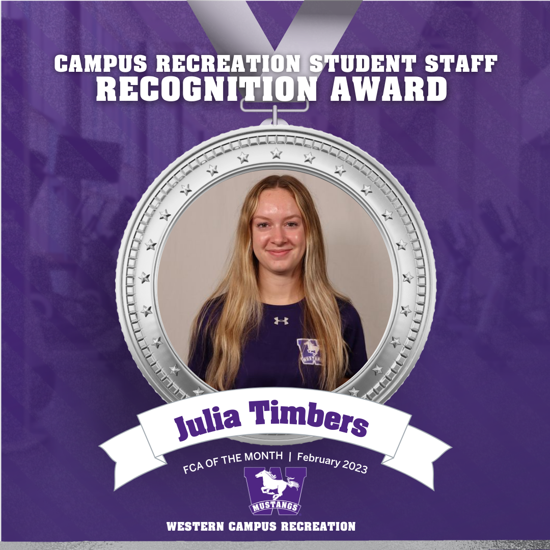 Image of Julia Timbers inside of silver medal award and a purple mustangs background
